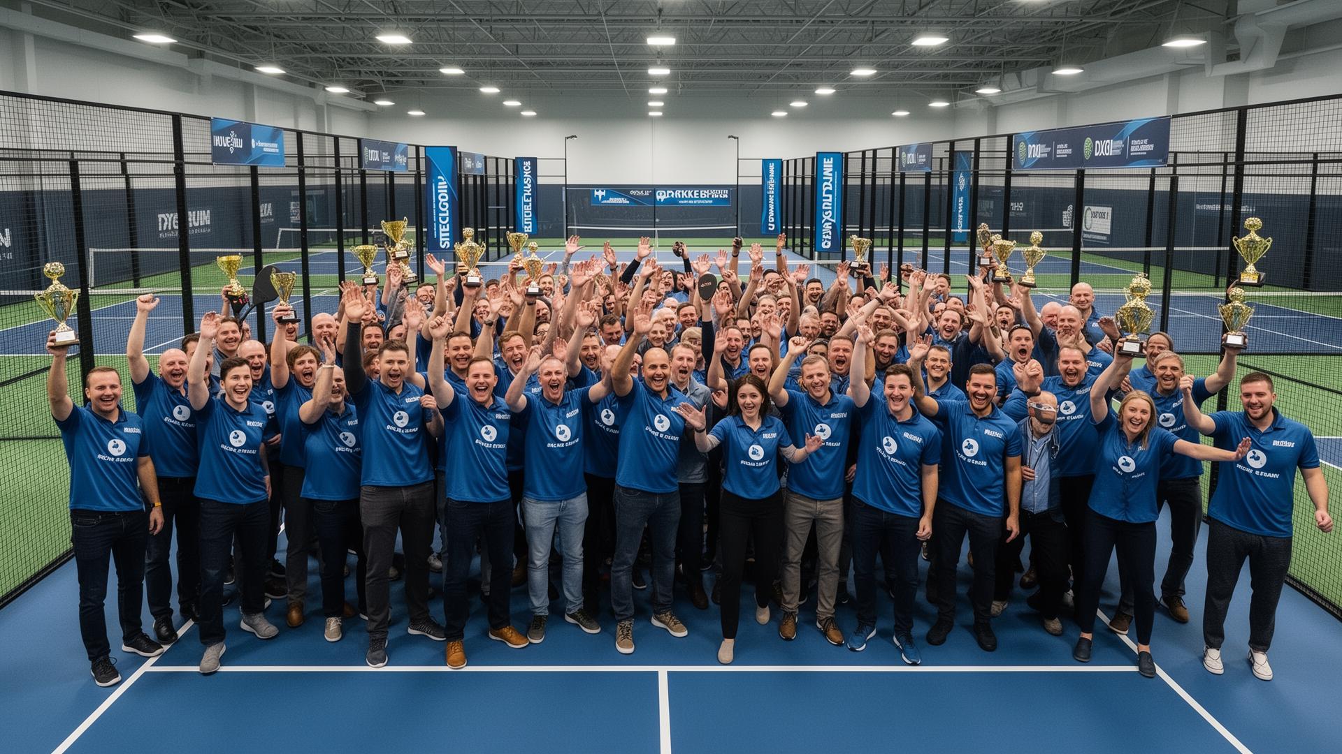 Large corporate team building event at Outlaw Pickleball with 40+ employees celebrating