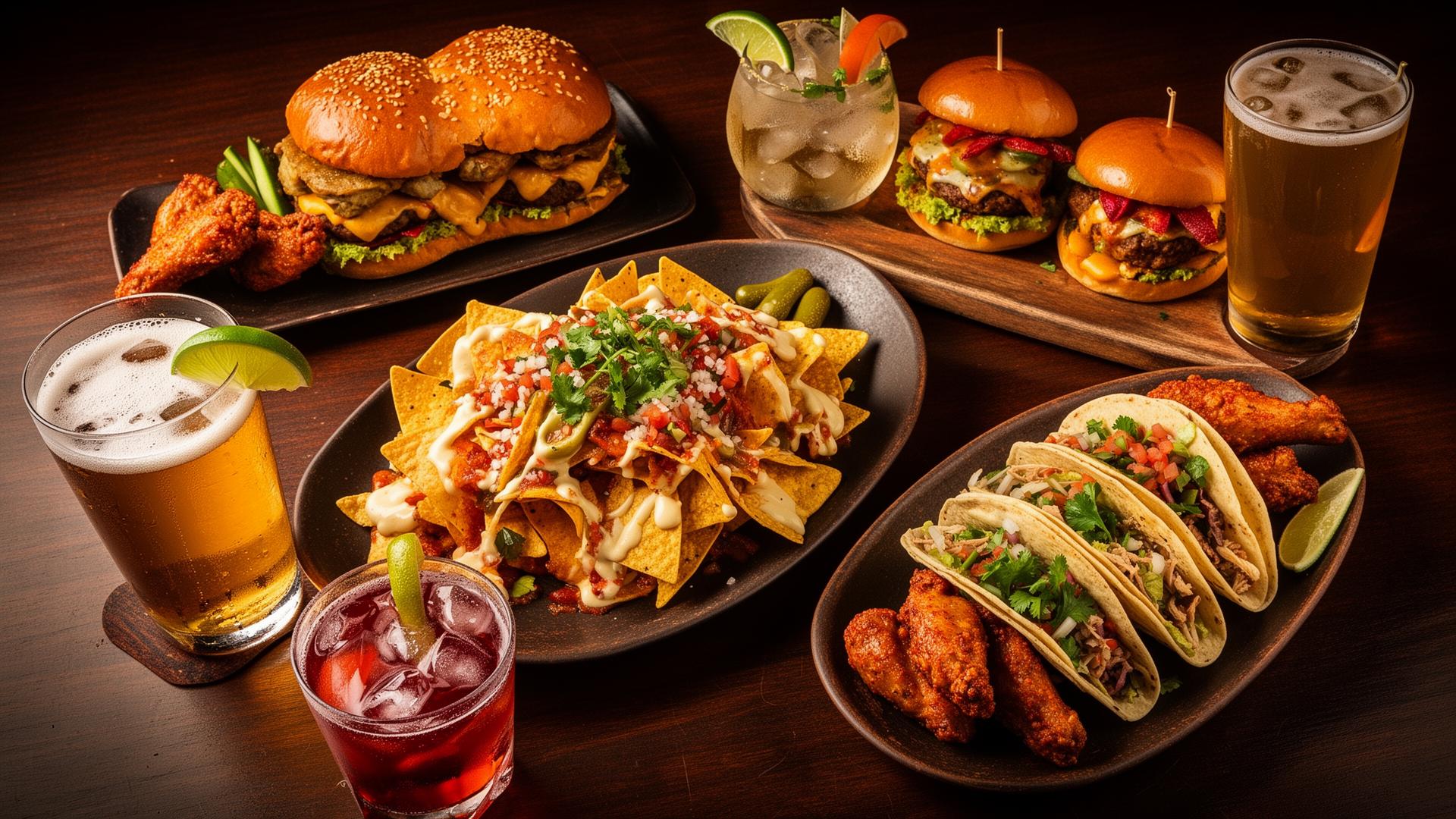 Reference: bar food spread with nachos, smash burgers, tacos, wings, cocktails
