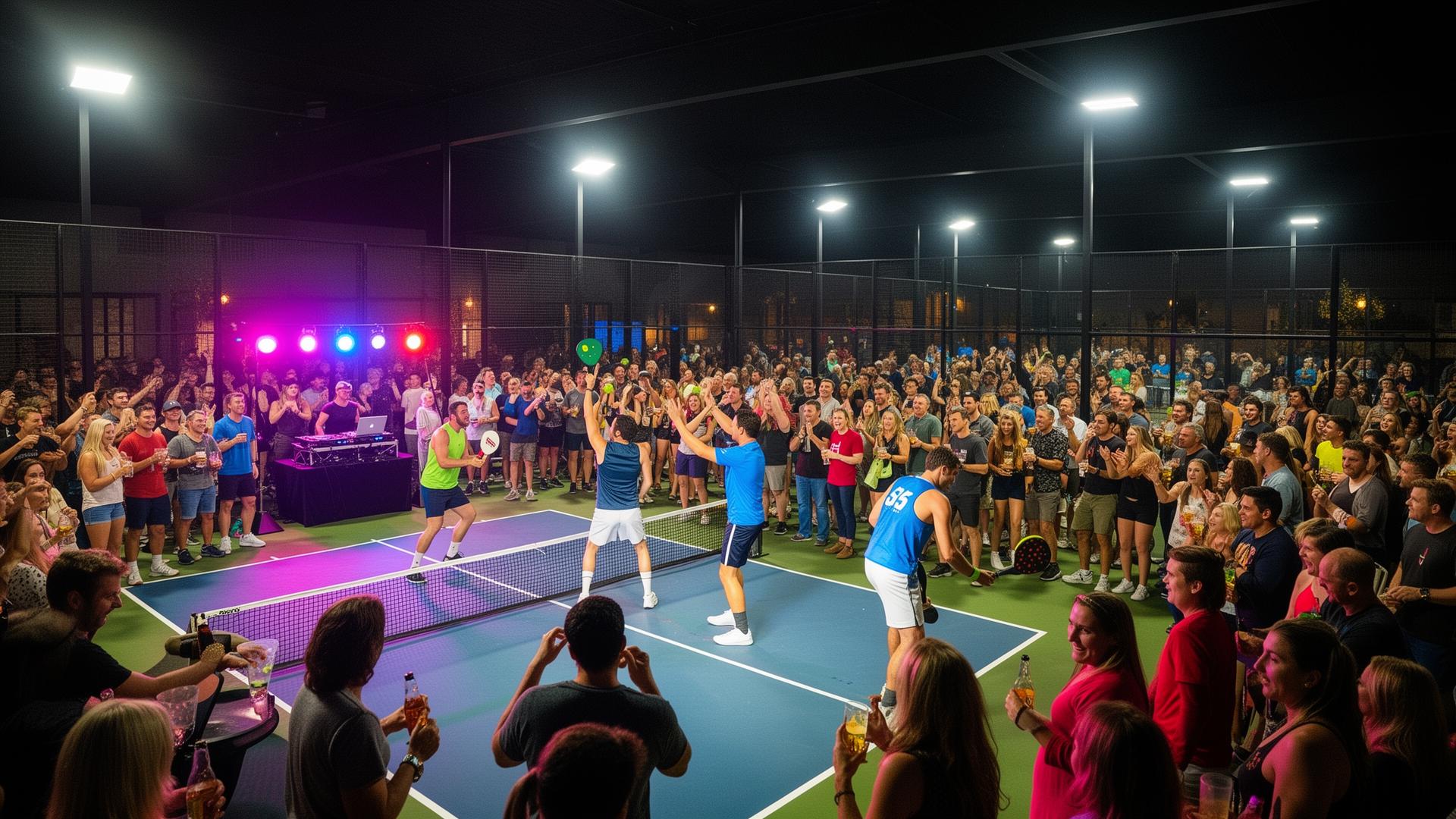 Reference: packed Friday night pickleball event with crowd, DJ lights, live match